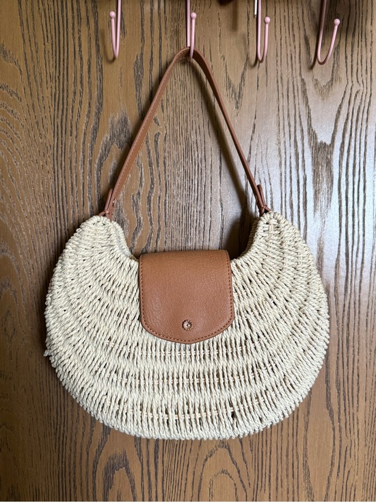 LC Lauren Conrad Handbags - LC Lauren Conrad Cream Woven Crescent Shoulder Bag with Brown Trim